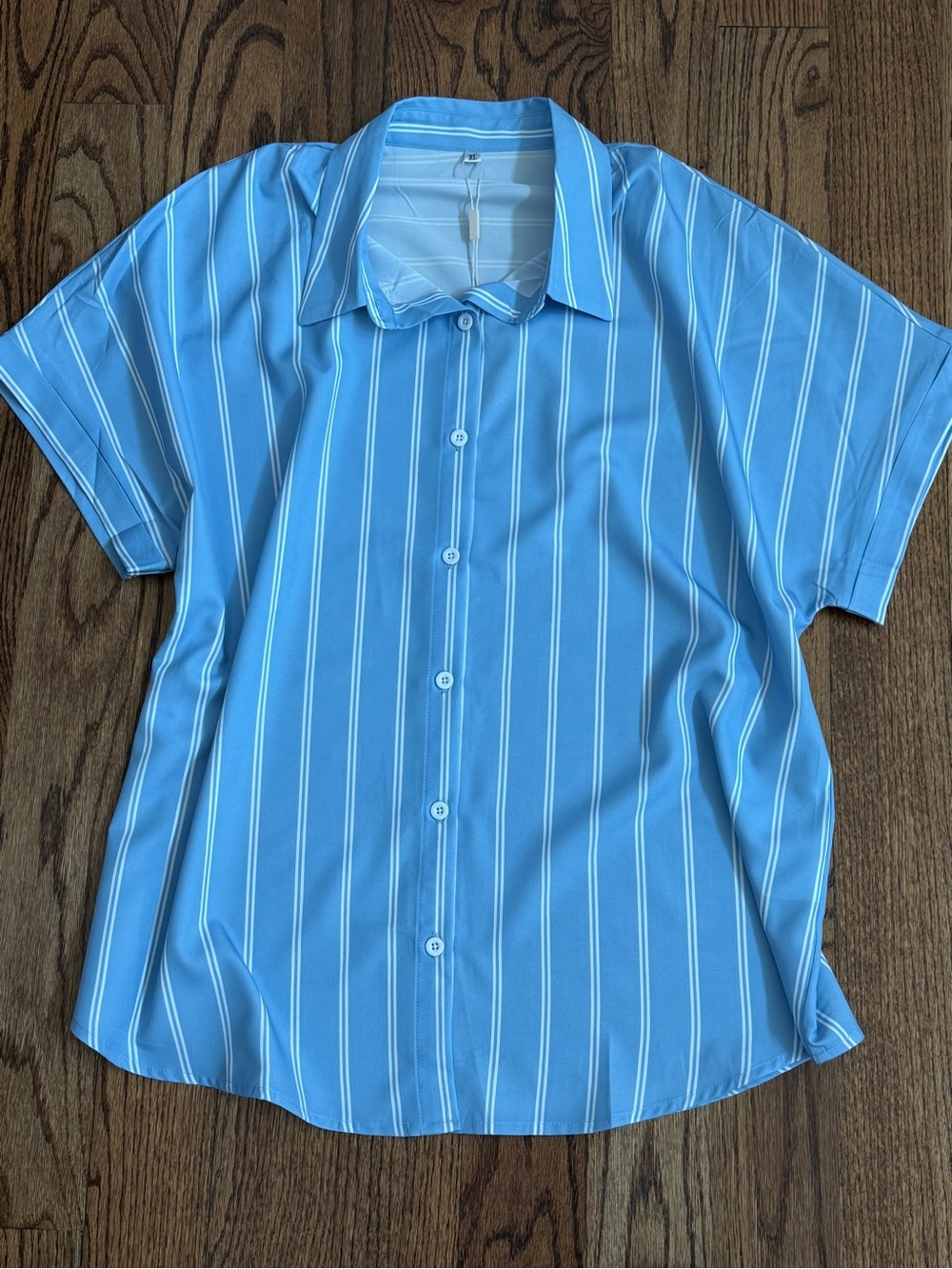 Ladies Light Blue Vertical-Stripe Short Sleeve Button Blouse